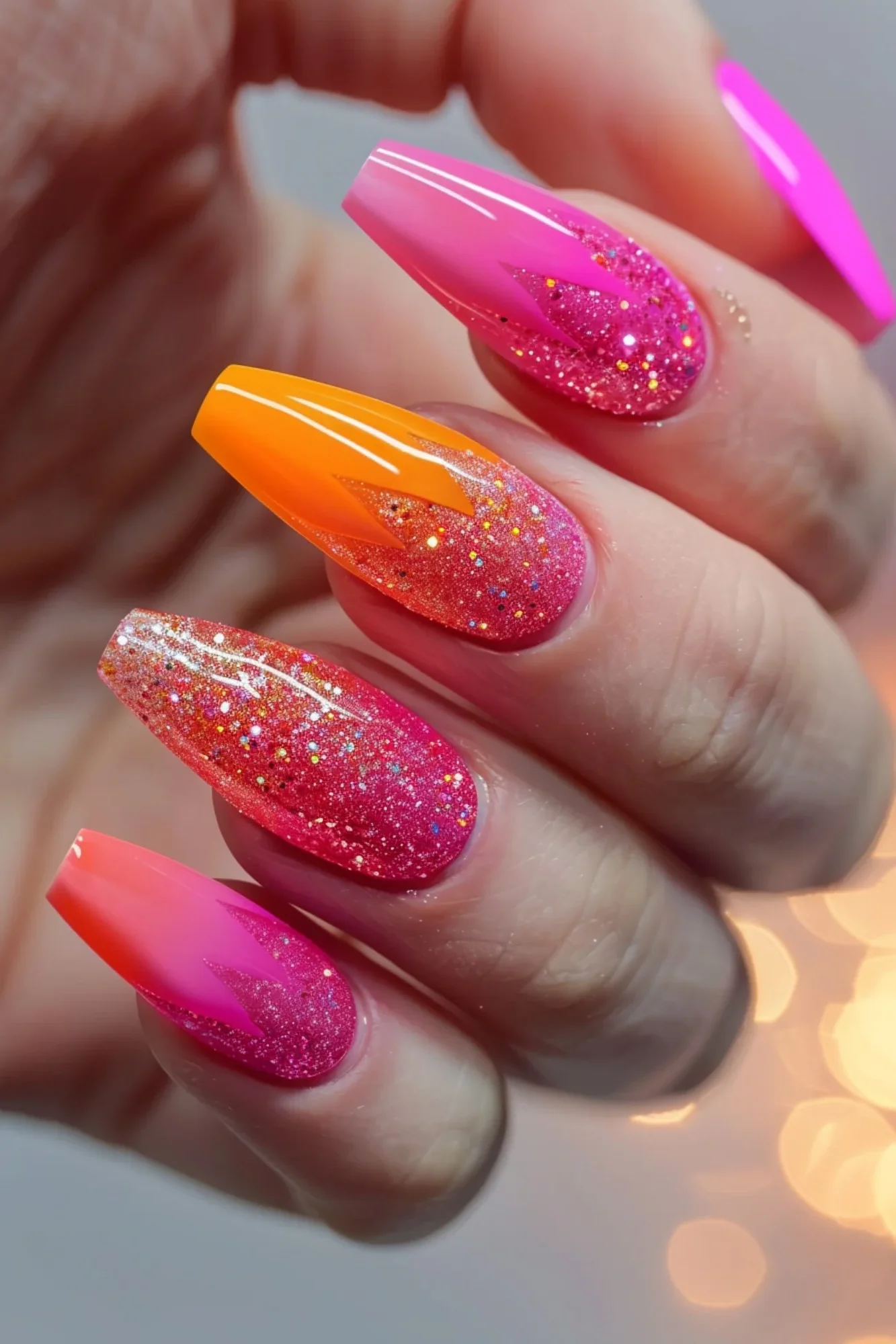 A bold design that combines glitter with striking pink and orange flames. The sparkly elements add a touch of glamour, while the fiery patterns bring a sense of excitement and energy.