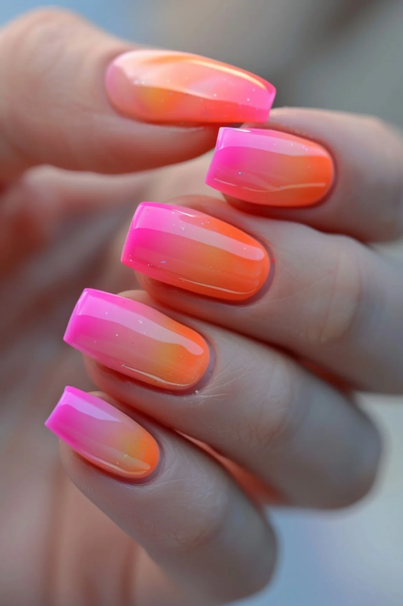  This design features a smooth gradient from vivid pink to bright orange, creating a sunset effect. The glossy finish and subtle glitter add a touch of sophistication, making it a chic choice for summer evenings.