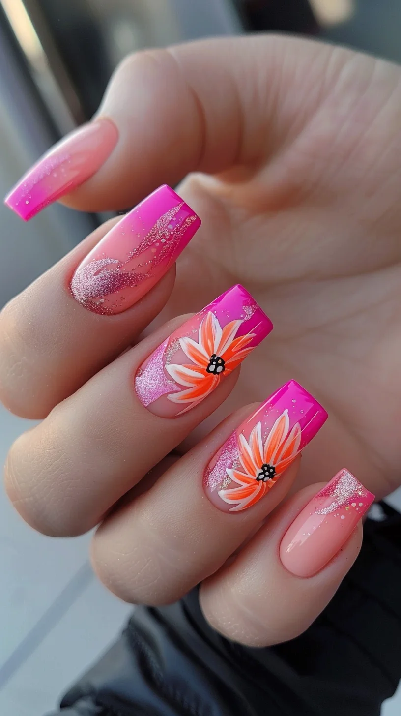 Soft pink nails are adorned with orange flowers and delicate glitter accents. The floral design is enhanced by subtle sparkles, creating a charming and feminine look.