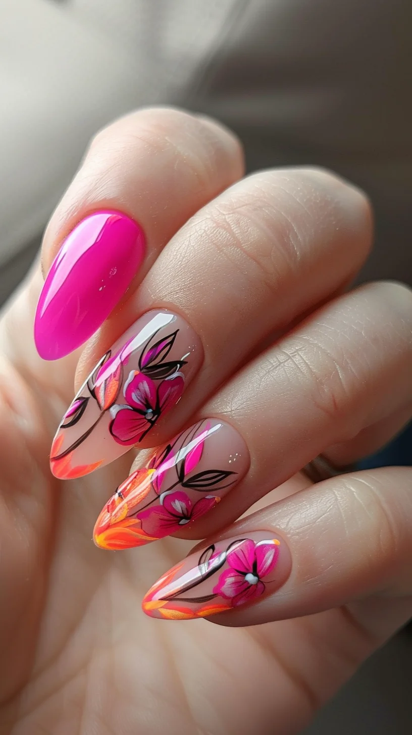  This design showcases clear nails with pink and orange floral patterns, highlighted by intricate black line work. The natural base makes the vibrant flowers stand out beautifully.