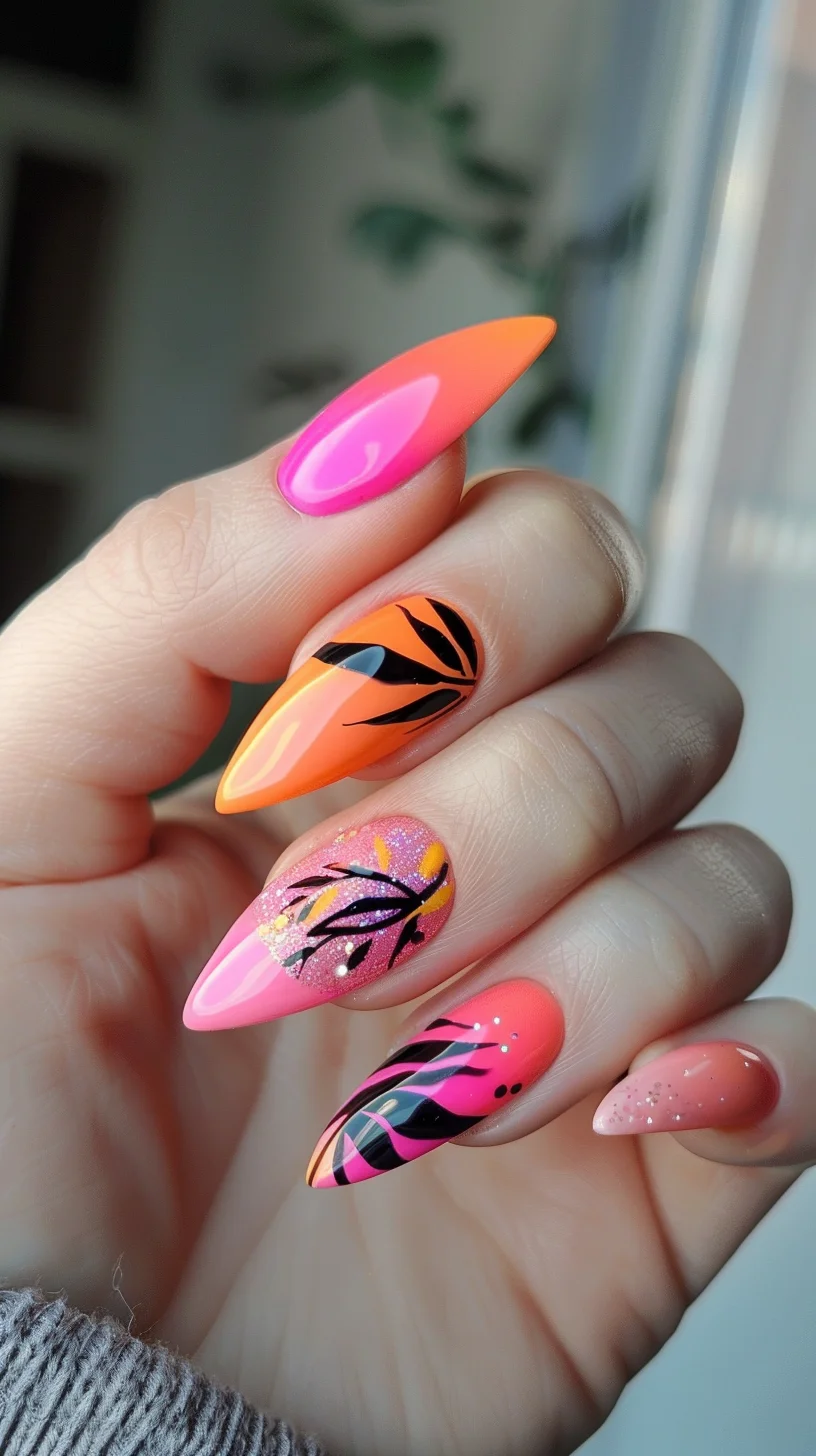 Featuring a mix of pink and orange with black leaf designs, this abstract nail art is both modern and artistic. The combination of colors and patterns is perfect for those who love a creative and unique style.