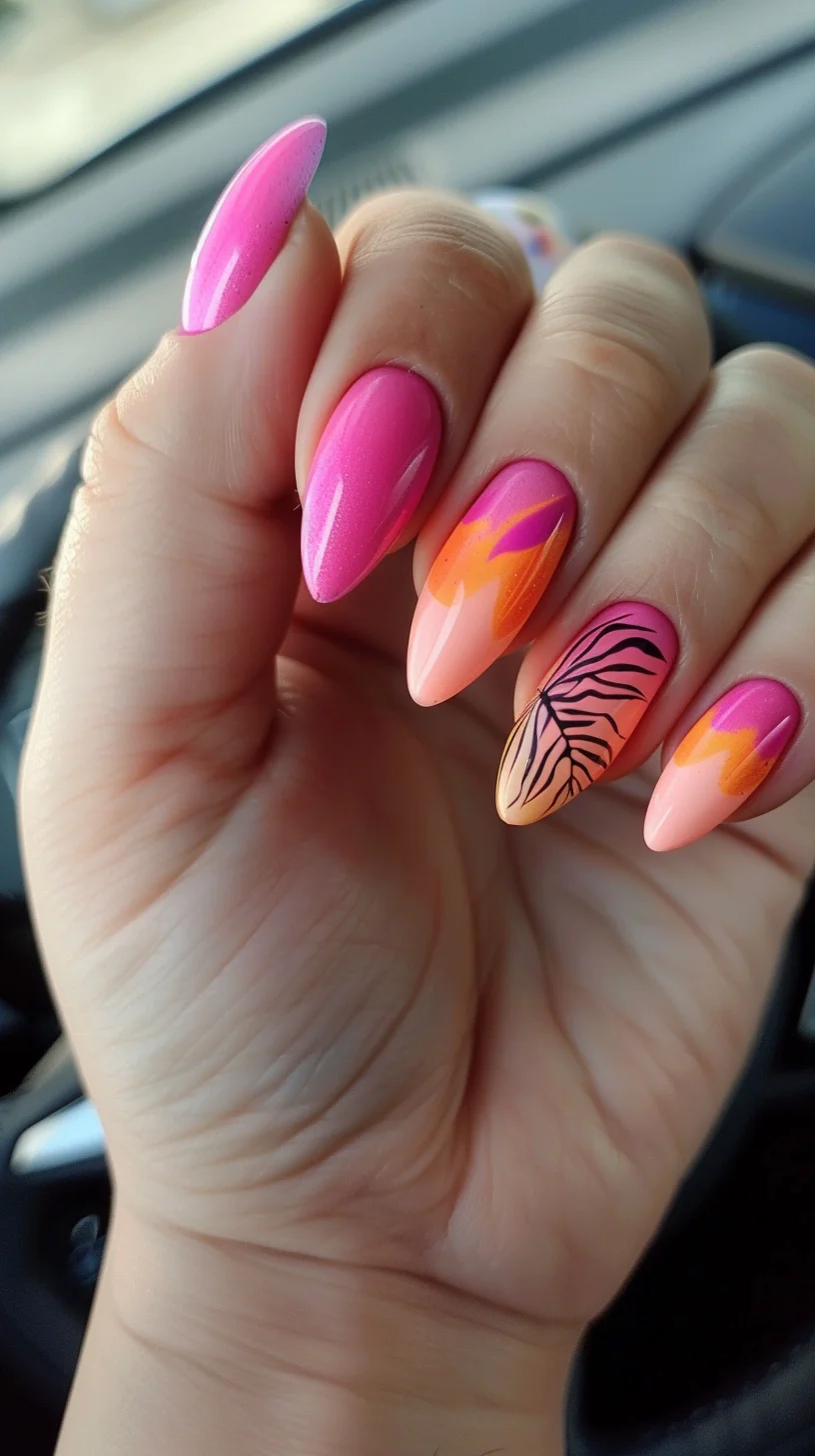 This nail art boasts a seamless gradient from pink to orange, sprinkled with glitter for added sparkle. The smooth transition of colors is both vibrant and stylish, perfect for summer.