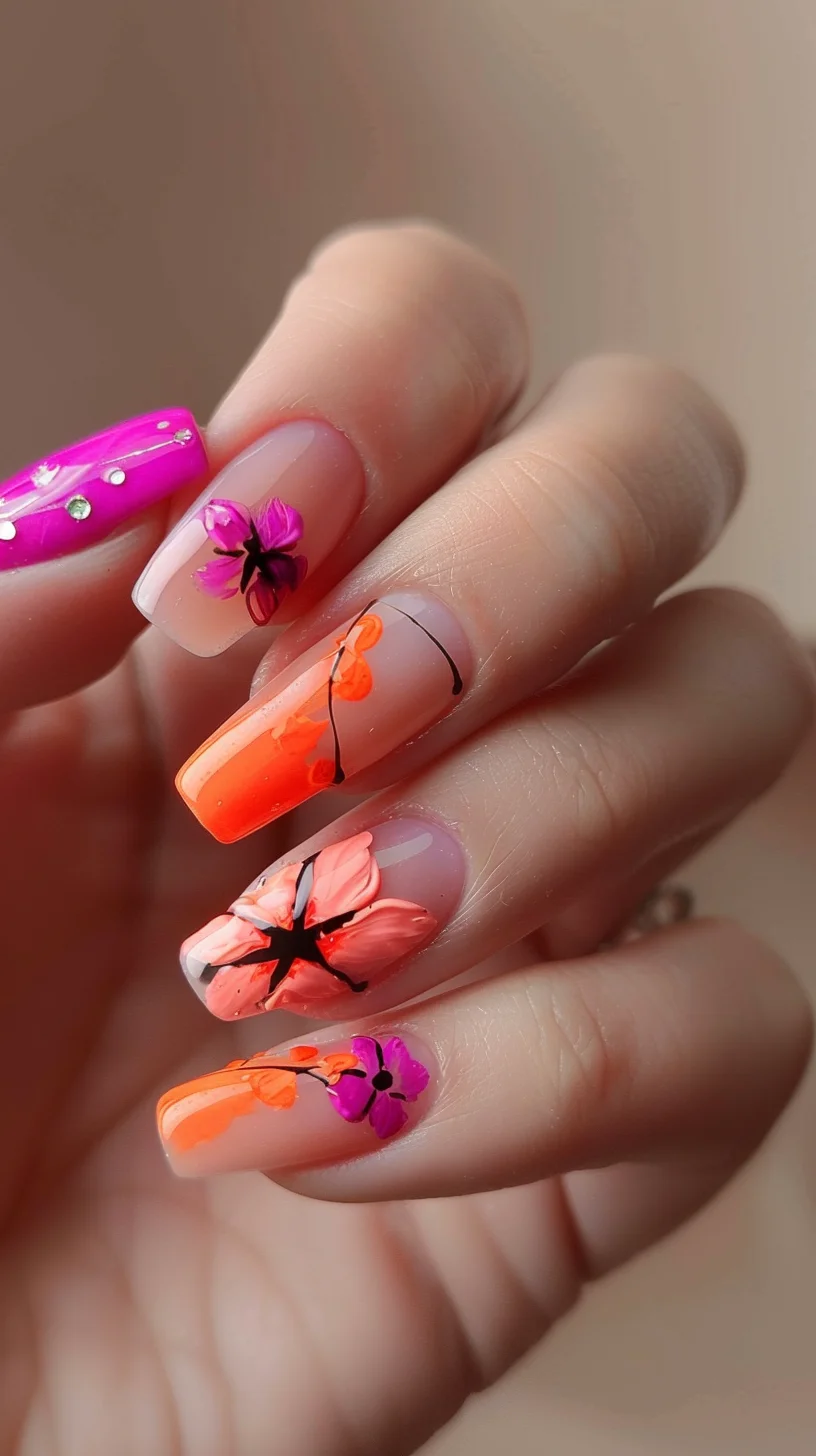 A striking ombre effect from bright orange to vivid pink, complemented by intricate black floral patterns. This design is bold and cheerful, making it ideal for warm, sunny days.
