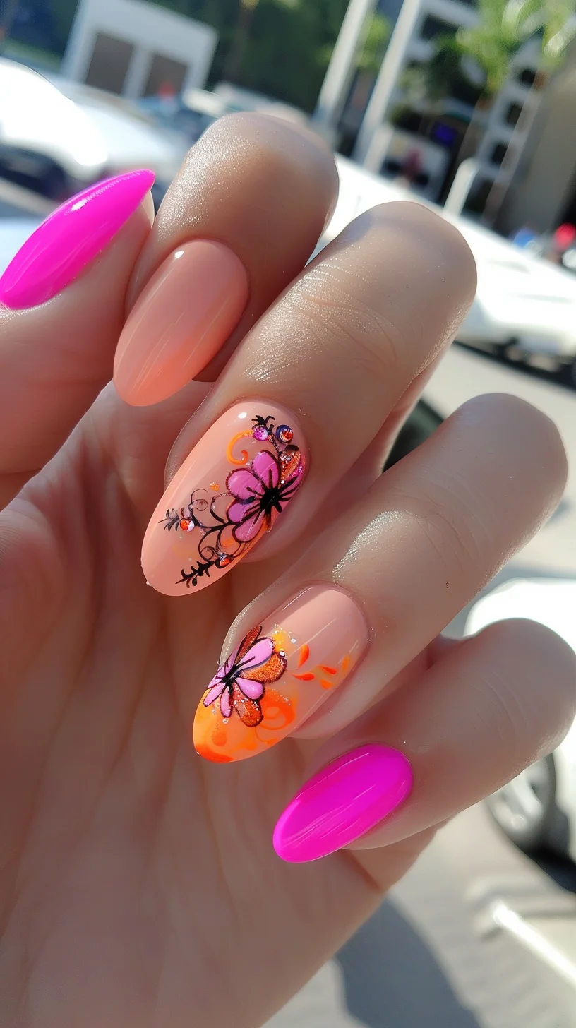 A striking ombre effect from bright orange to vivid pink, complemented by intricate black floral patterns. This design is bold and cheerful, making it ideal for warm, sunny days.