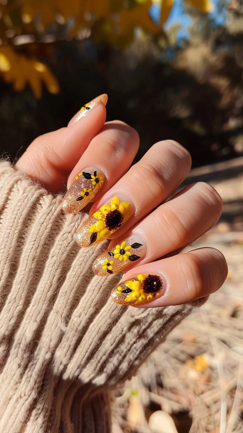 Embrace a golden sunflower theme with these glittering nails, adorned with vibrant yellow flowers and delicate black details. The glittery base adds a touch of sparkle, making the sunflowers truly pop against the warm autumn backdrop.