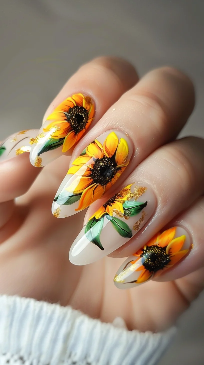 These vibrant sunflower nails feature a mix of golden glitters and hand-painted floral designs. The combination of sparkle and artistry captures the essence of summer and adds a radiant touch to your style.