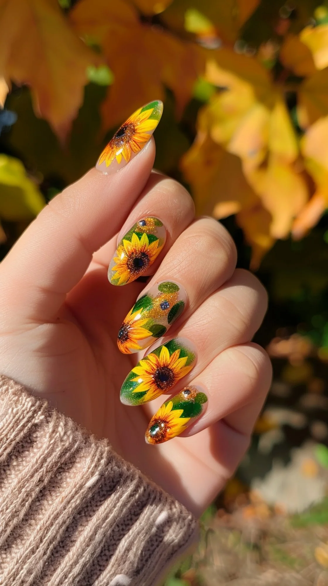 A blend of green and yellow captures the essence of sunflowers in full bloom. The detailed artwork on a nude background brings a fresh and lively vibe, perfect for adding a touch of nature to your style.
