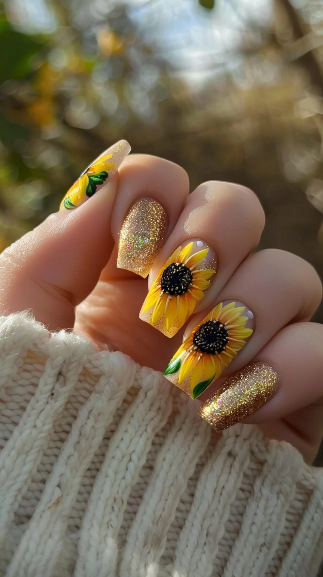 Glittery gold nails with bright sunflower accents create a stunning contrast. The rich glitter background highlights the intricate details of the sunflowers, making each nail a striking piece of art that radiates warmth and elegance.