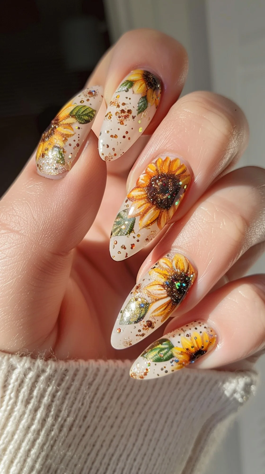 Featuring a white base with sunflower and leaf designs, this nail art is both delicate and eye-catching. The added gold glitter brings a touch of glamour, making these nails perfect for any occasion, from casual outings to special events.