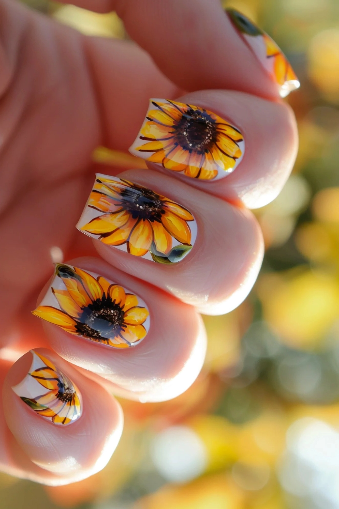 Short nails with bold sunflower designs on a crisp white background offer a clean and vibrant look. The detailed petals and contrasting colors create a refreshing and stylish manicure that stands out beautifully.