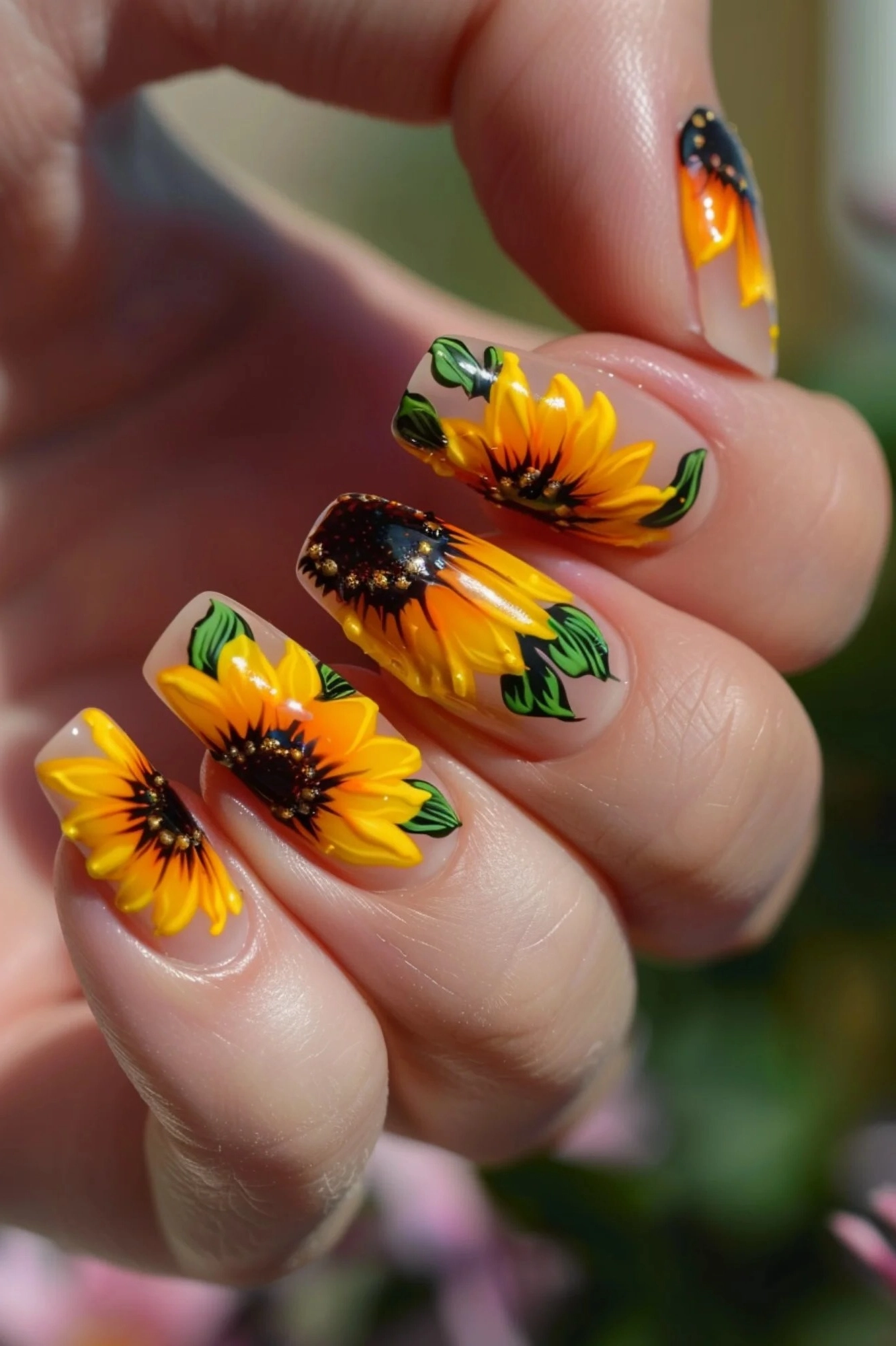 Transparent nails adorned with vivid sunflowers and green leaves provide a modern, airy aesthetic. The clear base makes the floral designs pop, creating a fresh and versatile look suitable for any occasion.