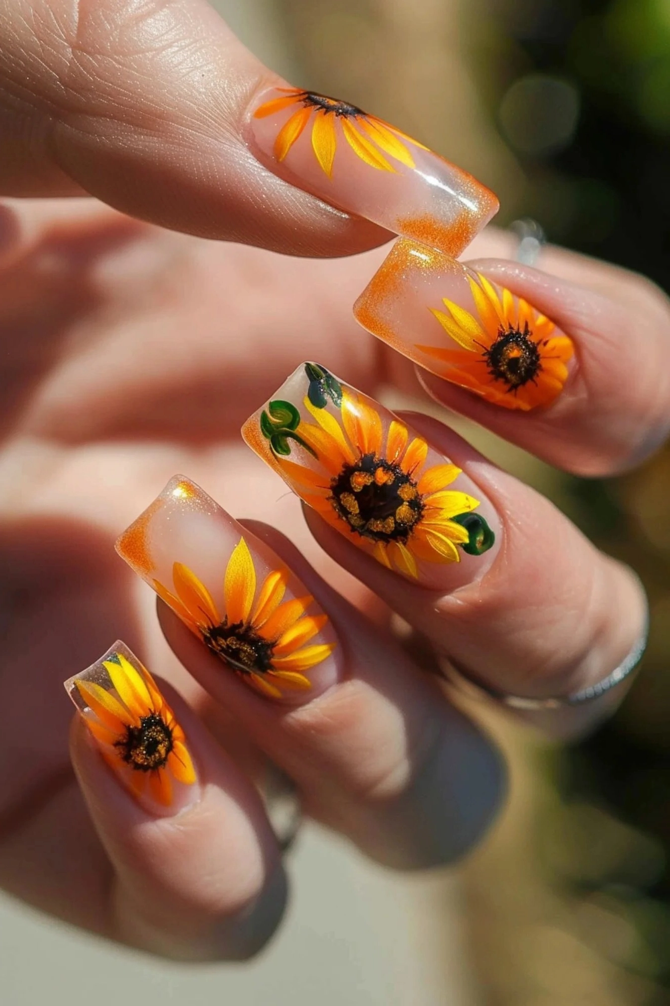 Sunflowers with detailed green leaves on a clear base give a vibrant yet natural look. The delicate art combined with the see-through design creates a sophisticated and unique style that’s perfect for any season.