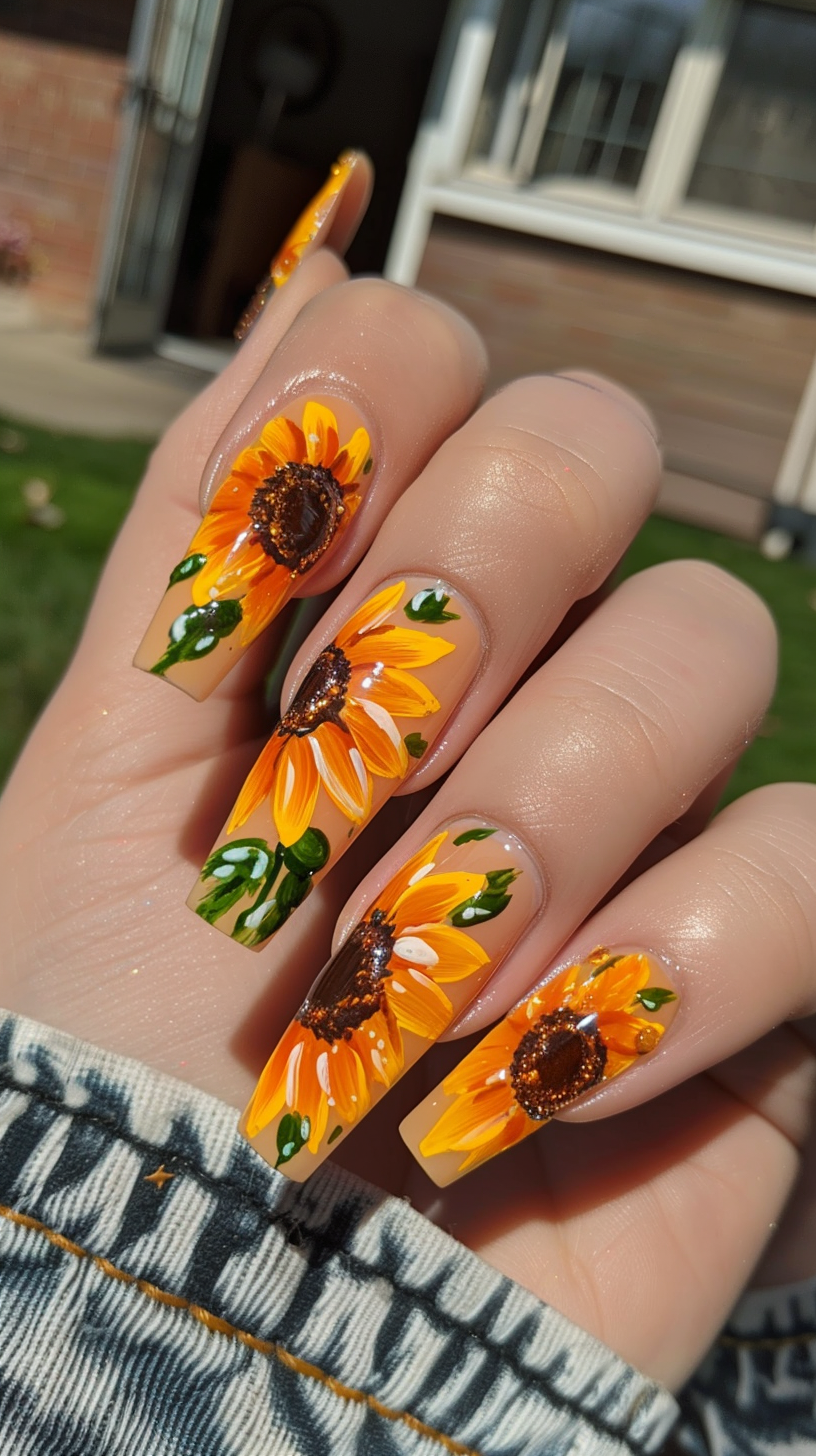 Bright sunflower designs on a subtle ombré background create a stunning effect. The blend of colors and intricate floral details make these nails a beautiful and artistic addition to any outfit, adding a touch of sunshine to your look.