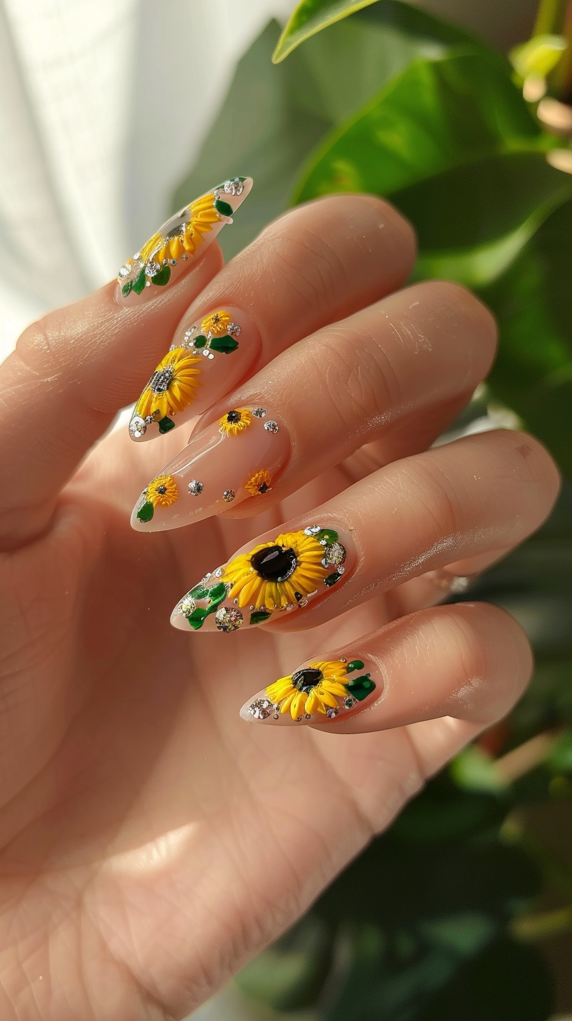 Detailed sunflower art on long nails with a nude base offers a refined and elegant appearance. The combination of earthy tones and vivid yellow flowers provides a chic and sophisticated style perfect for any event.