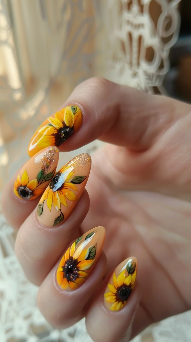 This design showcases beautifully hand-painted sunflowers on a soft peach background. Each nail features intricate detailing of sunflower petals and leaves, with a touch of golden glitter to enhance the floral elegance, perfect for any nature lover.
