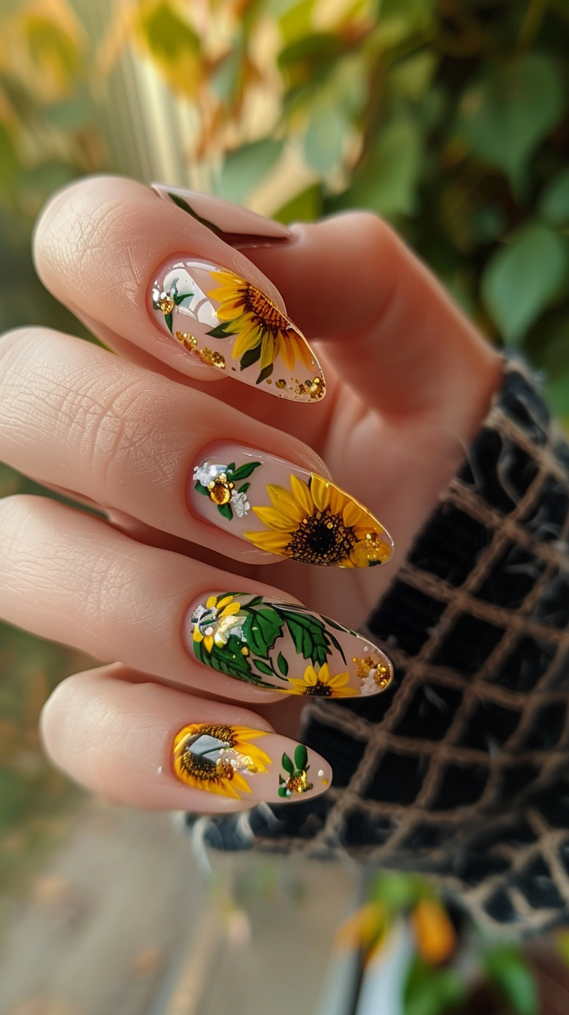 Sunflowers and small white flowers on a clear base create a charming and whimsical design. The intricate details and natural colors offer a fresh and delicate look that’s perfect for adding a touch of floral beauty to your day. 