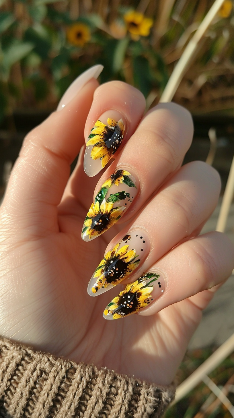 The nails are adorned with detailed sunflower designs on a clear or nude base. The sunflowers have vibrant yellow petals and dark brown centers, accented with green leaves and small black dots. The design appears delicate and is applied on long, almond-shaped nails.