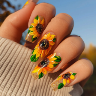 This design features bright sunflowers on a nude base, with added glitter for a sparkling effect. The sunflowers are large and prominently placed on each nail, with realistic shading on the petals and centers. The nails are long and square-shaped.
