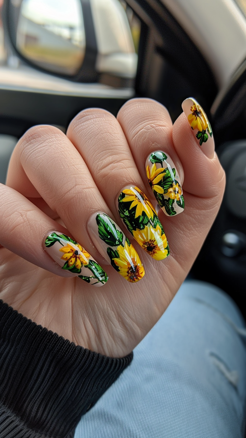 The nails in this image display intricate sunflower patterns with additional green leaves. The sunflowers are smaller but numerous, creating a dense floral effect. The background is a light, neutral color, allowing the yellow petals to stand out vividly. The nails are medium-length and slightly rounded.