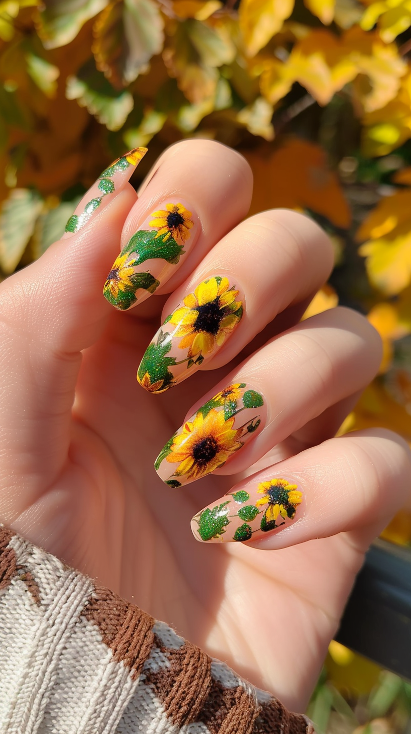 This nail art features a mix of large and small sunflowers with green foliage on a nude base. The sunflowers have a 3D effect, giving them a lifelike appearance. Glitter is applied to some of the petals, adding a touch of glamor. 