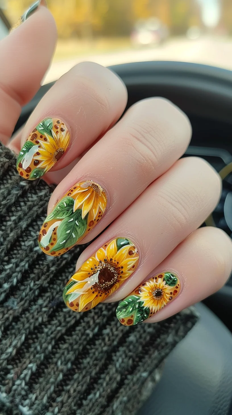 Featuring a rich blend of green leaves and sunflowers, this nail art captures the essence of a blooming garden. The combination of earthy tones and bright yellows creates a harmonious and lively manicure, ideal for any season.