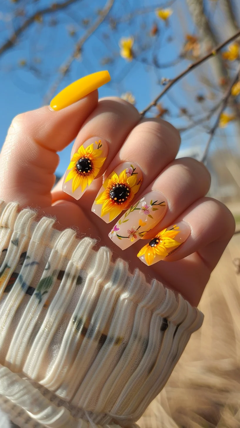 These nails combine the simplicity of a nude base with the vibrancy of sunflowers. The clear, glossy finish enhances the intricate sunflower and leaf designs, providing a fresh and cheerful look that stands out in any setting.