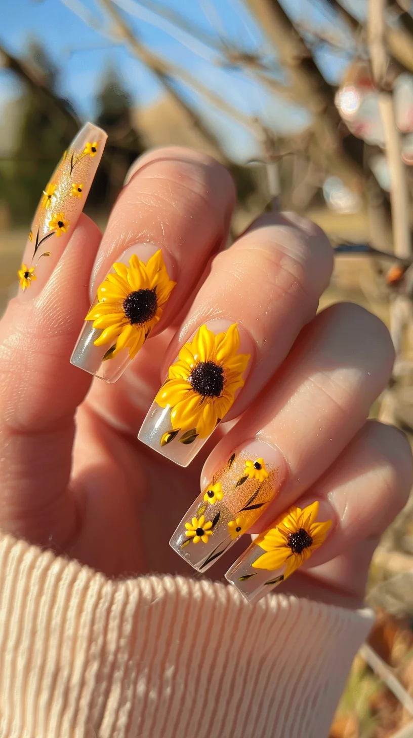 An array of sunflowers and lush green leaves adorn these nails, set against a dark, glittery background. The combination of sparkle and vivid colors creates a mesmerizing effect that brings the beauty of a sunflower field to your fingertips.