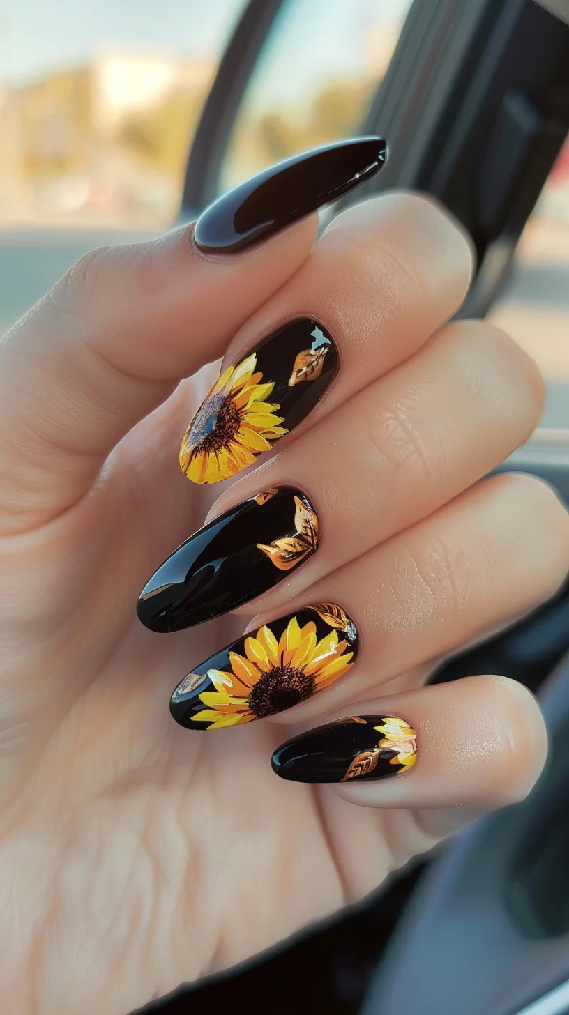 Transparent nails with sunflower designs offer a modern and airy look. The clear base highlights the bright yellow petals and green leaves, creating a fresh and versatile style perfect for any occasion.
