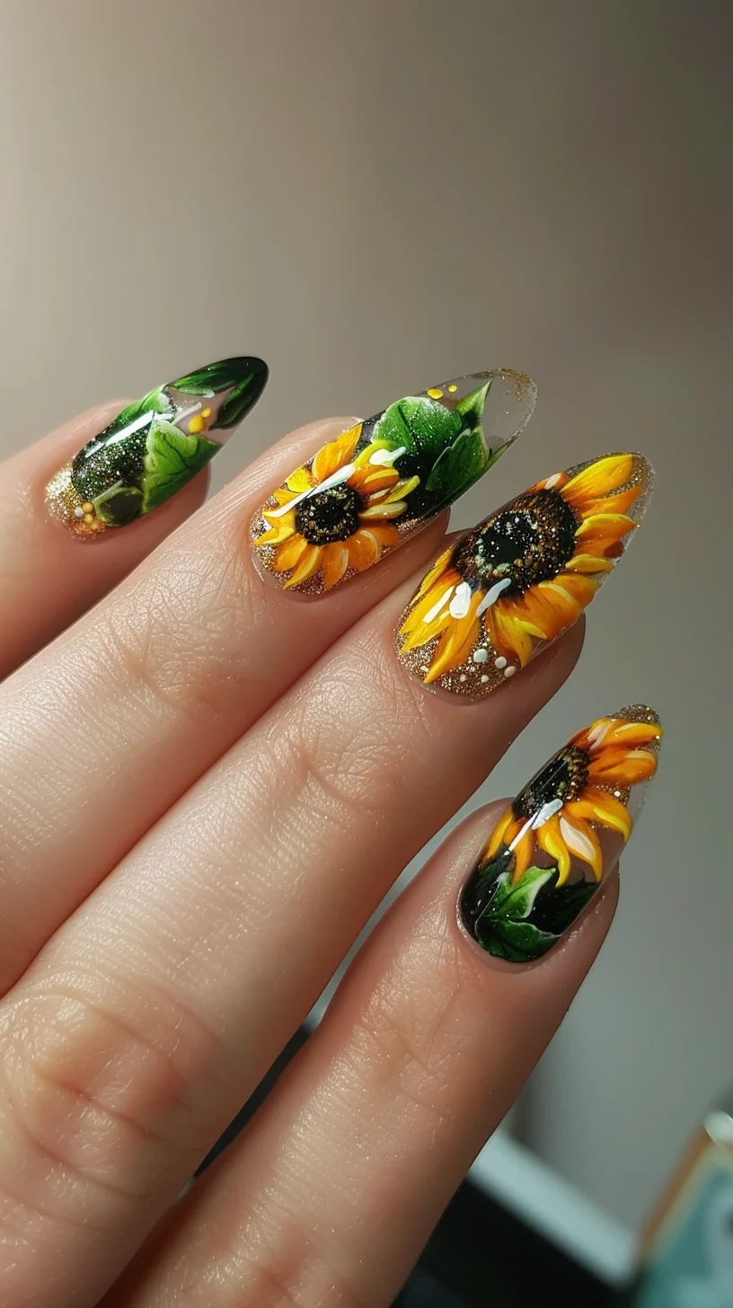 Delicate sunflowers on a gradient of gold glitter add a touch of glamour to this nail art. The sparkling base complements the floral designs, creating a dazzling and sophisticated look that's perfect for both casual and formal events.
