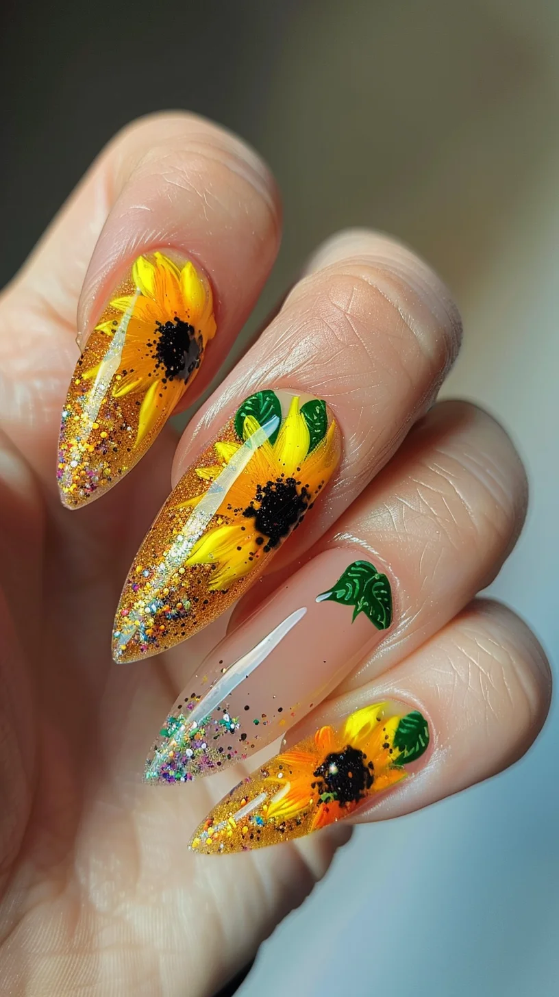 A classic almond shape paired with detailed sunflower art gives these nails a refined and elegant appeal. The soft nude background highlights the intricate details of the flowers and leaves, providing a chic and polished finish.