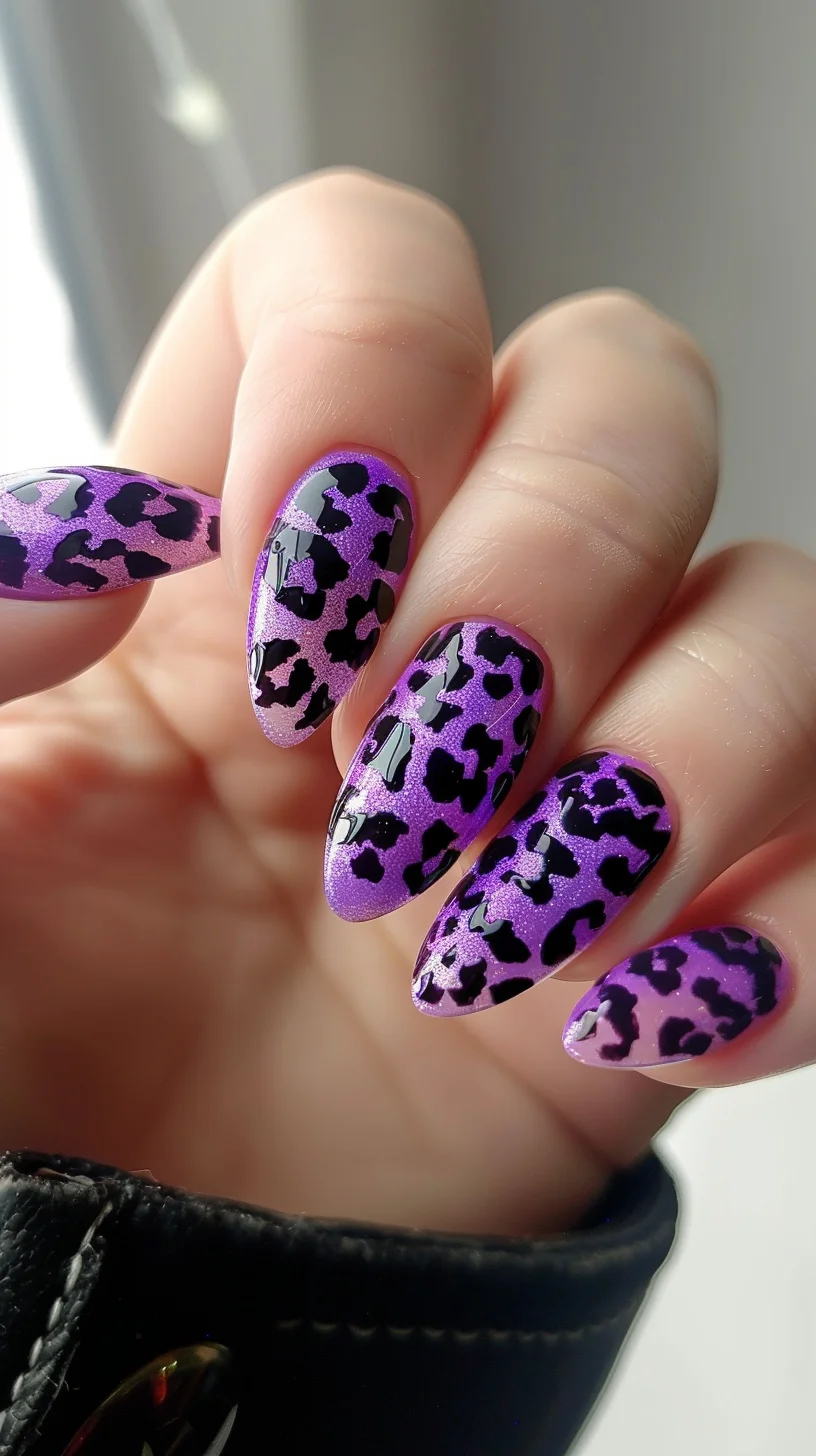 This manicure features long, almond-shaped nails with a vibrant purple base. Each nail showcases a glossy black leopard print pattern, creating a striking contrast. The purple hue has a subtle shimmer, enhancing the overall glamour and boldness of the design.