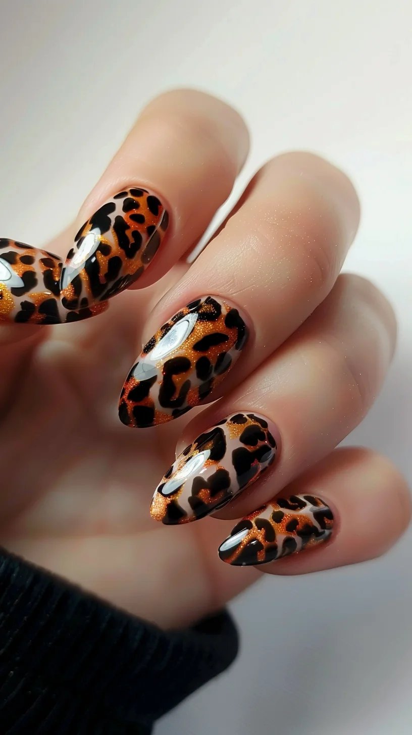 Almond-shaped nails feature a shimmering bronze base with a leopard print design in black and brown. The dynamic contrast between the bronze and dark spots creates a visually striking effect, perfect for an edgy yet glamorous look.