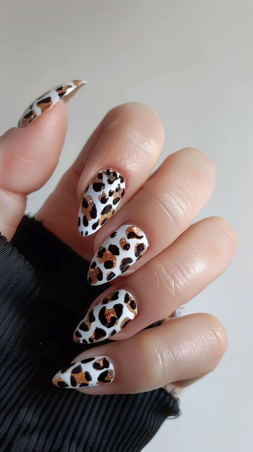 Almond-shaped nails with a white base are decorated with a leopard print pattern in black and brown, highlighted by glittering bronze accents. This combination of colors and textures gives a modern twist to the classic animal print design, offering a chic and sophisticated style.
