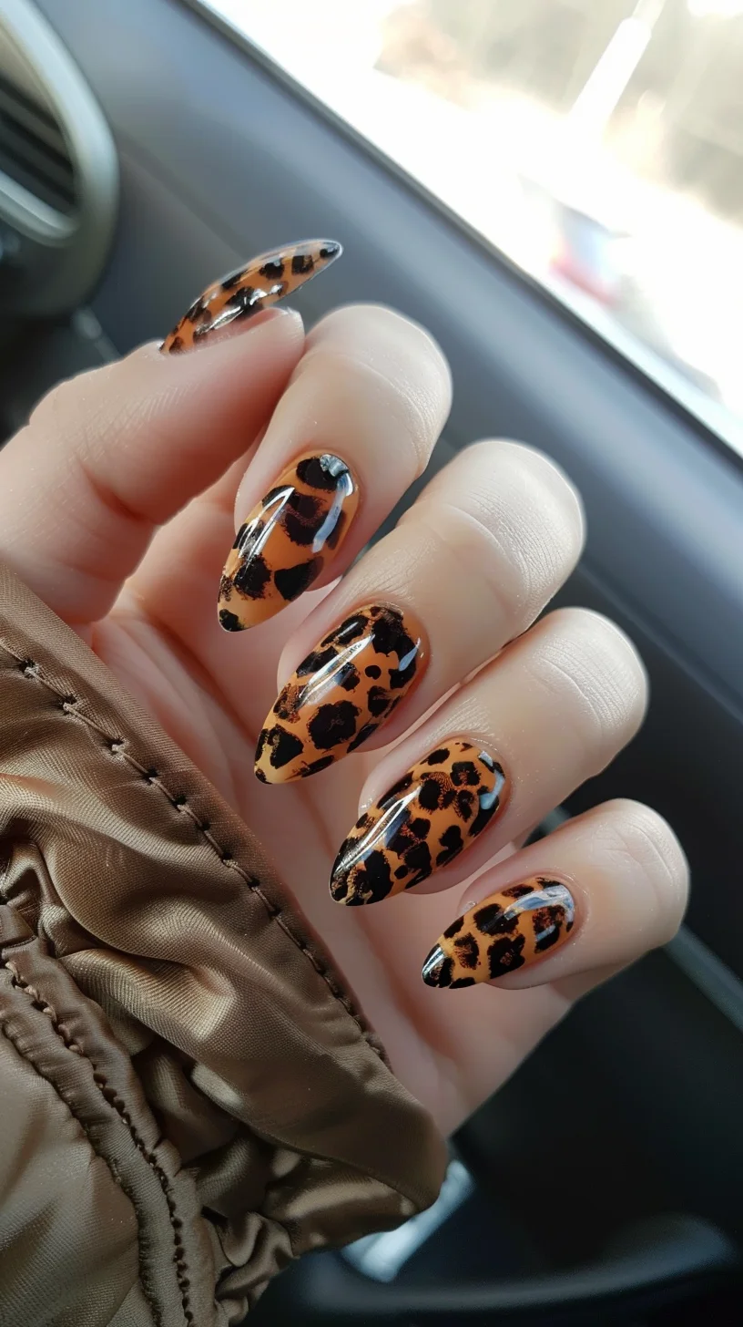 Almond-shaped nails display a rich, warm brown base with leopard print detailing in black. The seamless integration of colors adds depth and dimension, creating an effortlessly stylish and bold look that's both timeless and trendy.