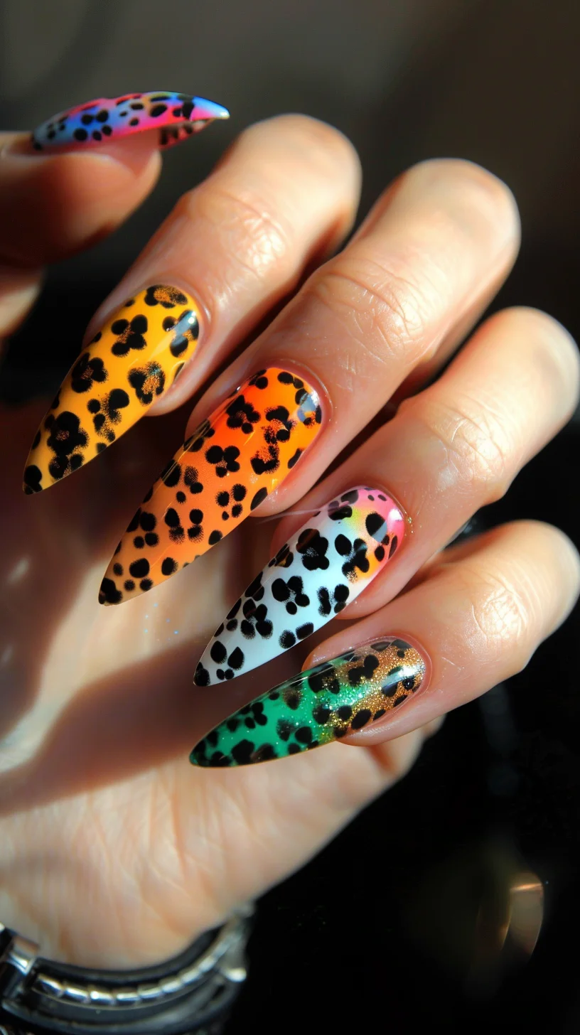 Long, stiletto-shaped nails showcase a vibrant mix of colors. Each nail has a different base color, including orange, white, green, and a gradient of pink and blue, all adorned with black leopard print spots. 