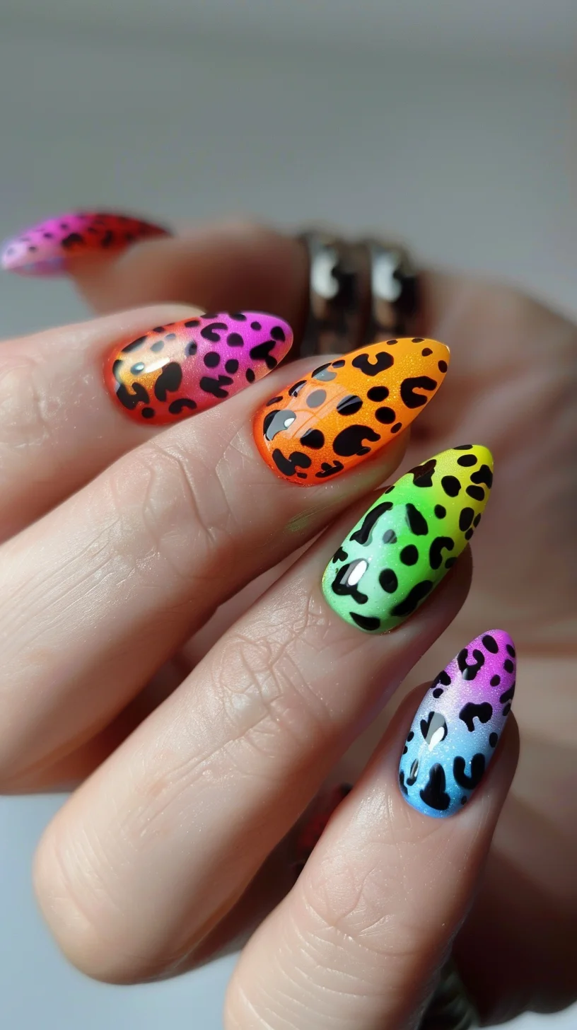 Almond-shaped nails feature a neon theme with a leopard print pattern. Each nail is painted in a different bright color: pink, orange, yellow, green, and blue, with black spots overlaying each.