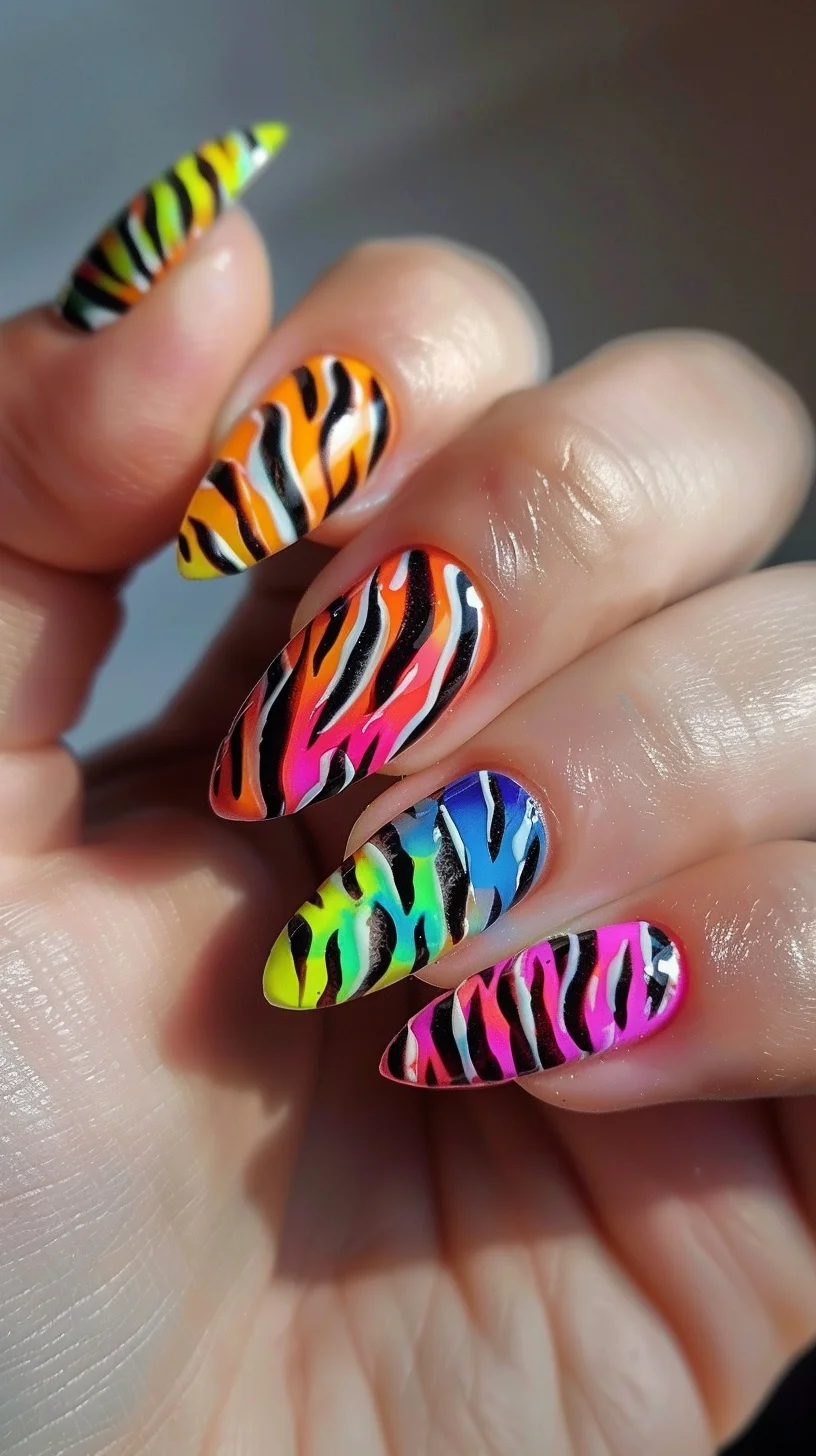 Almond-shaped nails present a multicolored zebra stripe design. The base colors transition from yellow, orange, and pink to blue and green, with black and white zebra stripes across each nail. 