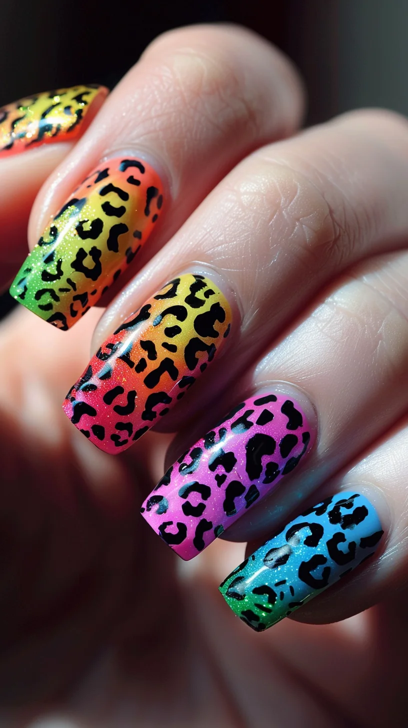 Coffin-shaped nails feature a gradient design transitioning from green to pink to blue, each adorned with black leopard print spots. 