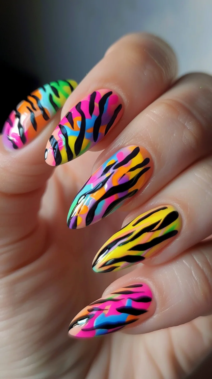 Almond-shaped nails showcase a multicolored zebra stripe design. The base colors include neon green, pink, yellow, blue, and orange, with black zebra stripes overlaying each vibrant hue. 