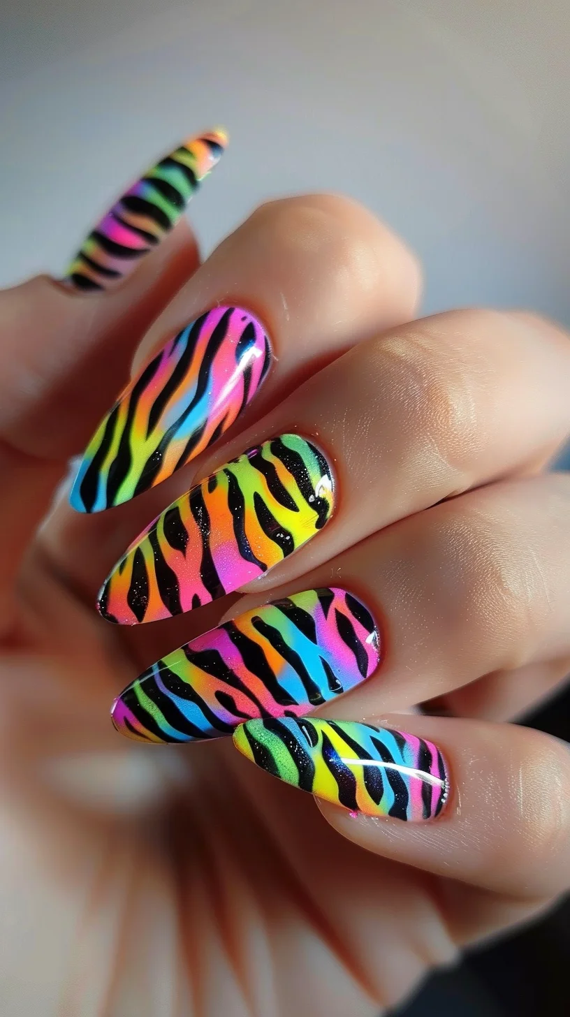 Almond-shaped nails display a rainbow zebra stripe pattern. The base colors include a gradient of neon hues, such as pink, green, yellow, and blue, with black zebra stripes adding contrast. 