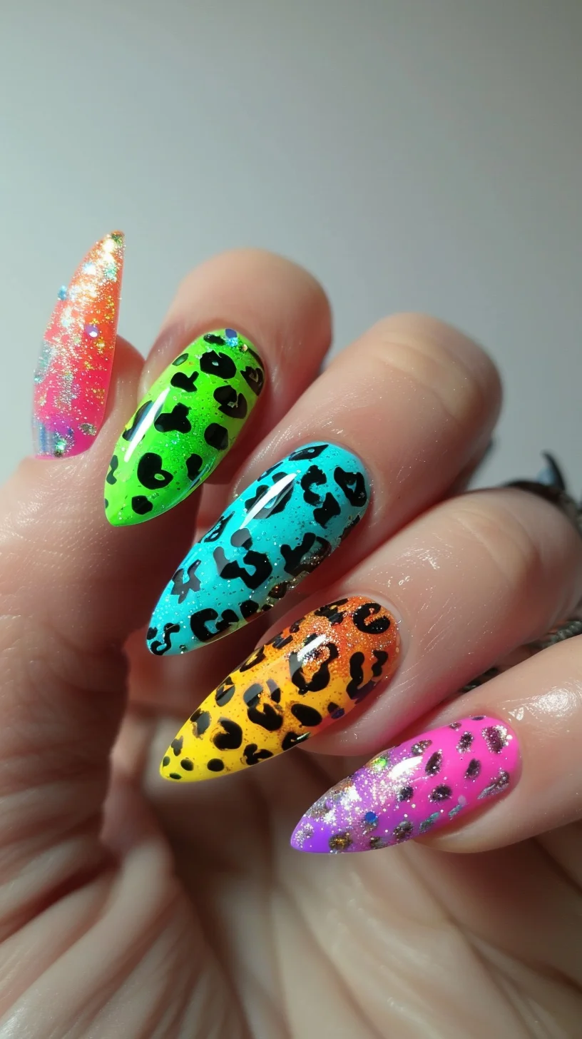 Almond-shaped nails feature a vibrant array of neon colors including green, blue, yellow, orange, and pink. Each nail has a black leopard print pattern over the bright base, while two nails are adorned with holographic glitter, adding a dazzling and playful touch.