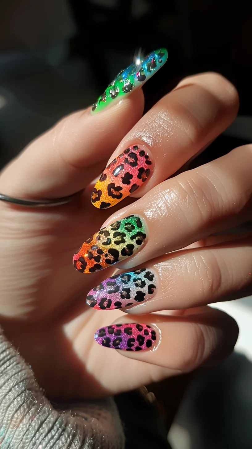 Almond-shaped nails display a gradient rainbow effect transitioning from green to pink, orange, yellow, and purple. Each nail is covered with black leopard print spots, creating a lively and colorful design that captures attention with its dynamic and fun aesthetic.