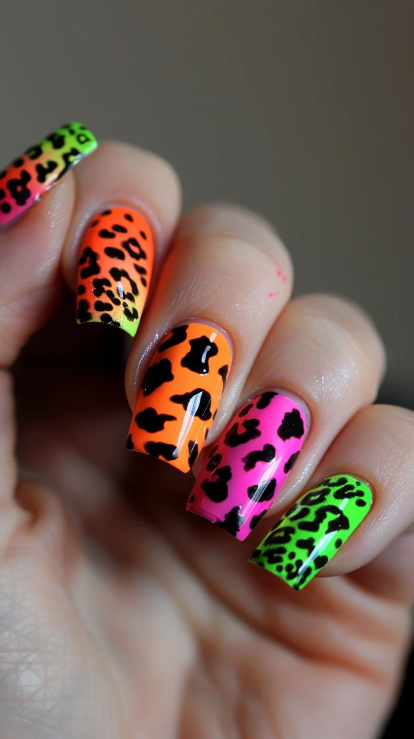 Coffin-shaped nails exhibit a neon leopard print design with each nail in a different bright hue: green, orange, pink, and yellow. The bold black leopard spots contrast sharply against the vibrant colors, creating a striking and energetic look ideal for making a bold statement.