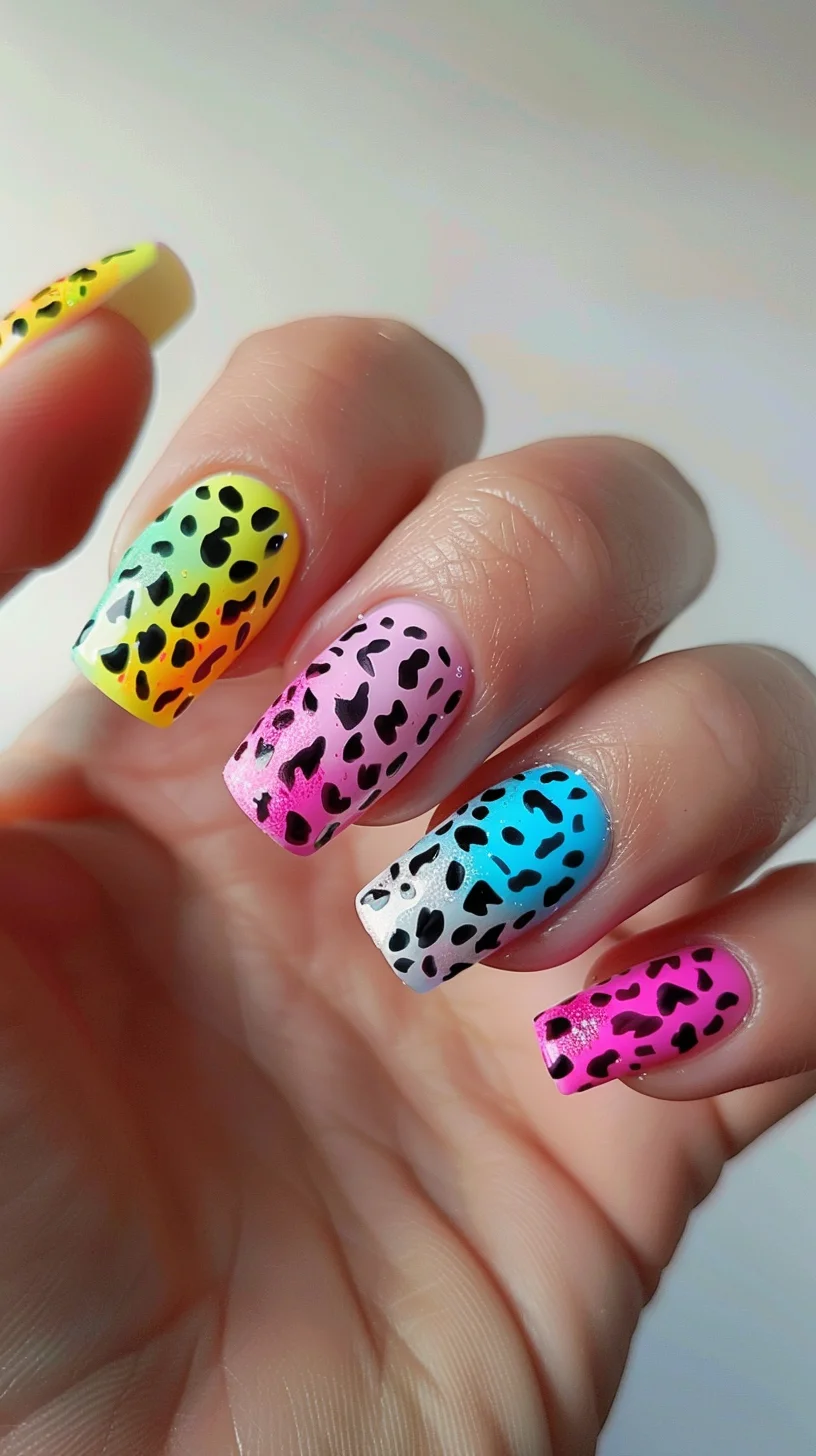 Coffin-shaped nails are painted in vibrant pastel gradients, including yellow, pink, blue, and white. Each nail features a black leopard print pattern, creating a playful and colorful look that combines bright pastels with bold animal prints.