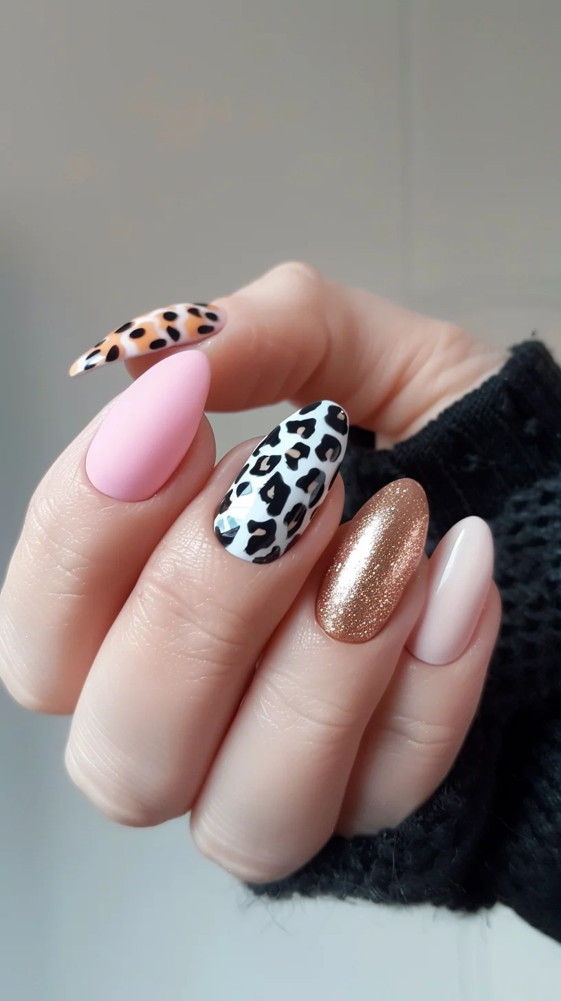 Almond-shaped nails present a sophisticated mix with a matte pink, a glittering gold, a classic white and black leopard print, and a soft white. This design balances the boldness of animal print with elegant simplicity and sparkle.