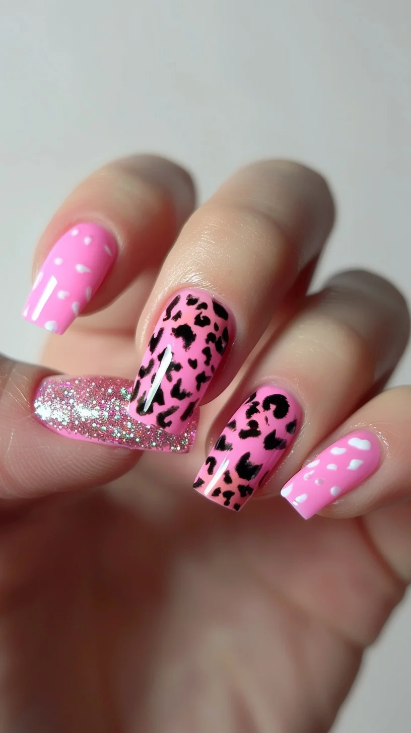 Coffin-shaped nails feature a bright pink base with various patterns. Some nails have black leopard print, others have white polka dots, and one nail is fully covered in silver glitter. 