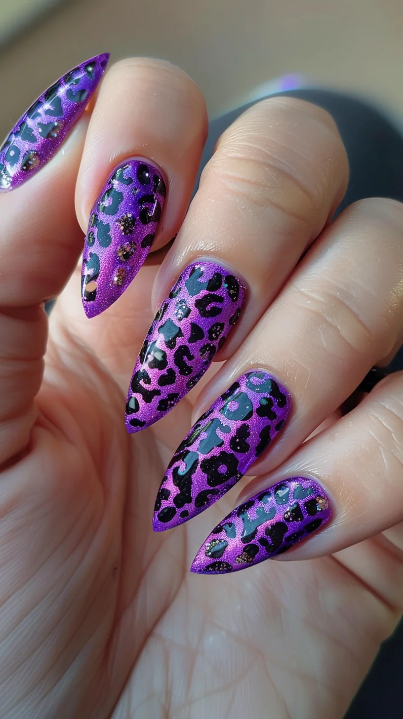 Almond-shaped nails feature a striking design with a purple base and black leopard print. The shimmer in the purple adds depth, while the black spots, highlighted with small gold accents, create a bold and glamorous look, perfect for standing out.