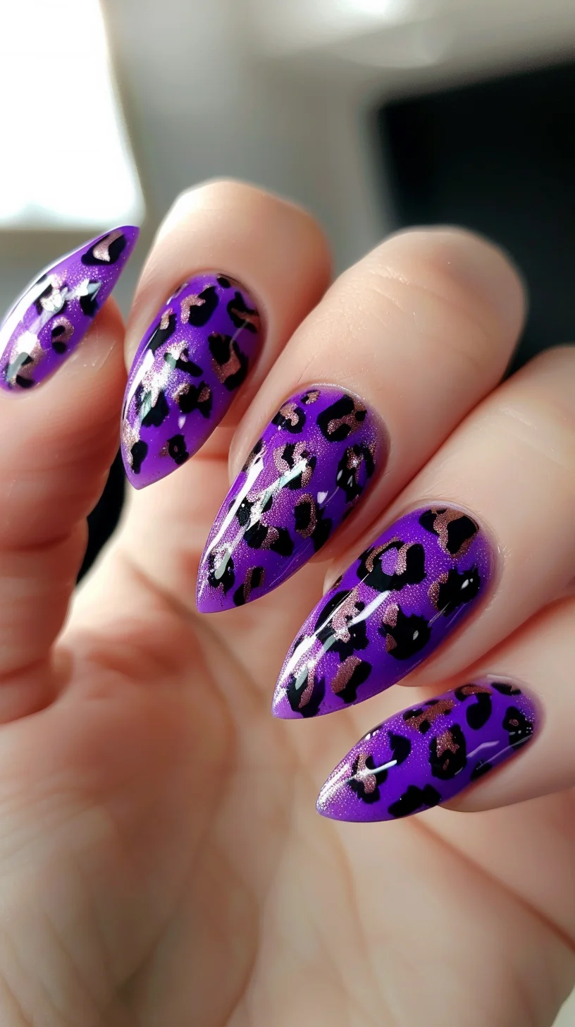 Almond-shaped nails showcase a vibrant purple base with black leopard print. The addition of bronze spots within the leopard pattern adds a unique twist, enhancing the overall bold and edgy style, ideal for making a statement.