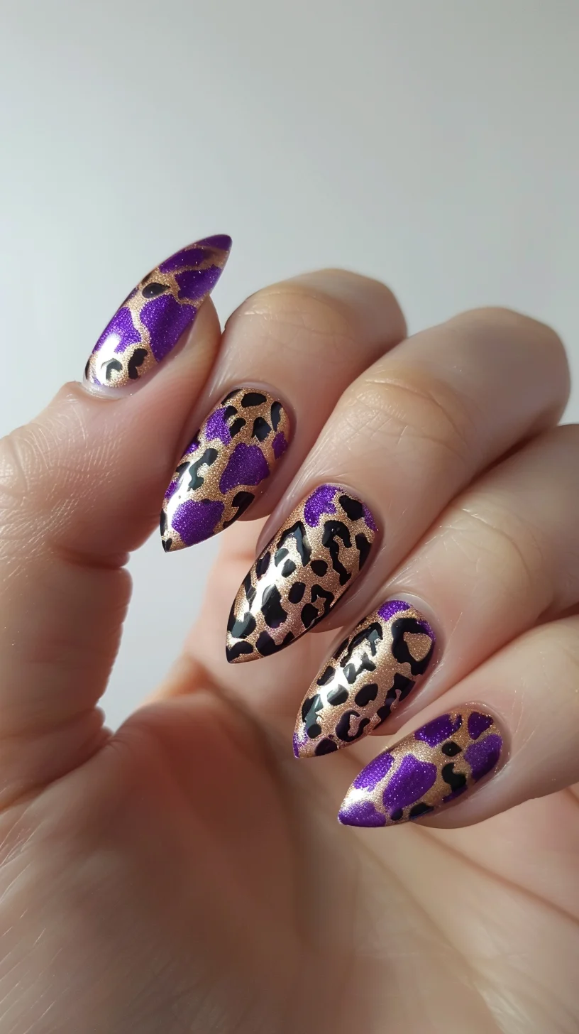 Almond-shaped nails display a luxurious combination of purple and gold. The nails alternate between a purple base with gold leopard spots and a gold base with black leopard spots, creating an elegant and opulent design that's both sophisticated and eye-catching.