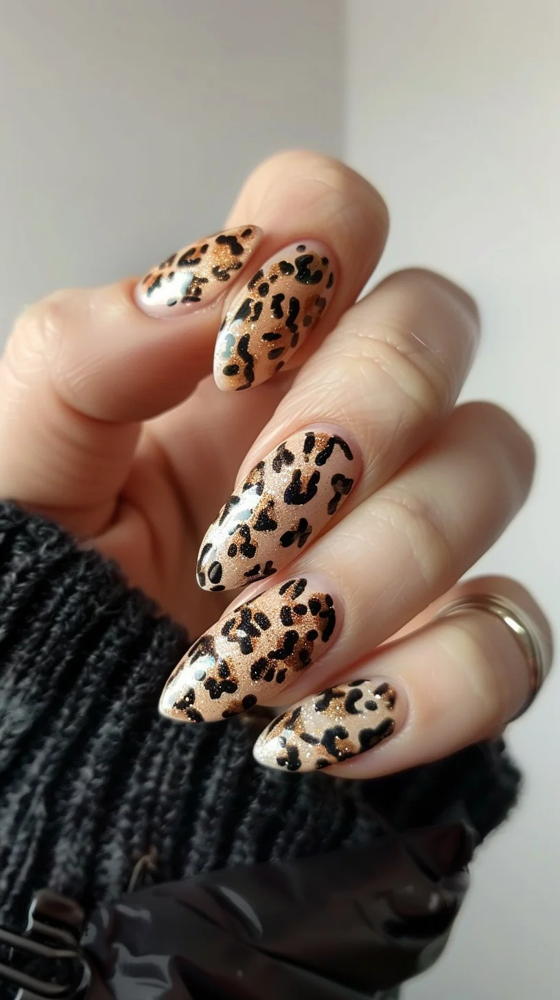 This manicure features long, almond-shaped nails with a shimmering bronze base. The nails are adorned with a classic leopard print pattern in black and brown, giving a sophisticated yet wild appearance. The glossy finish enhances the boldness of the design.